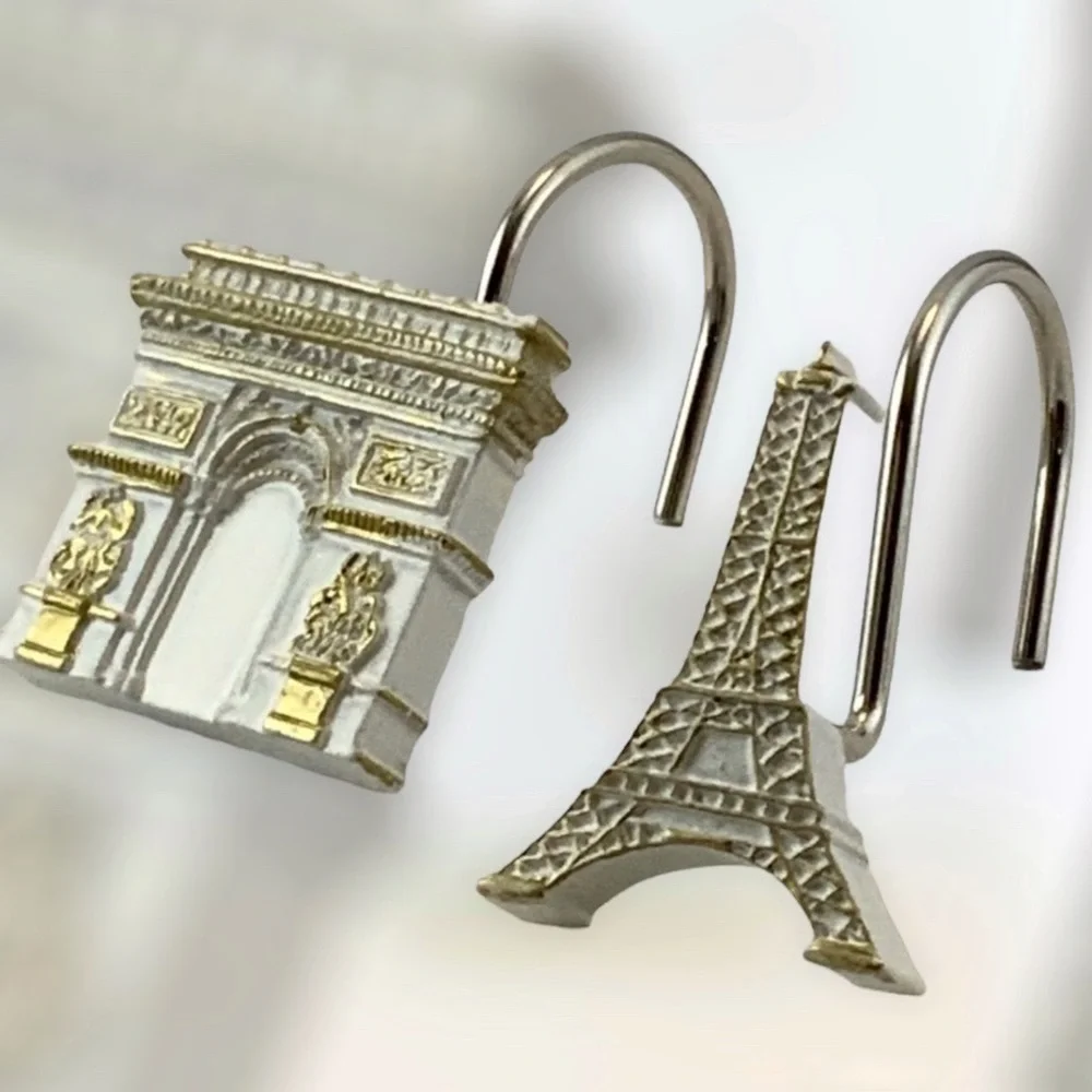 Paris Eiffel Tower Shower Hooks Arc de Triomphe French Resin White Gold 12 PC - Picture 1 of 16